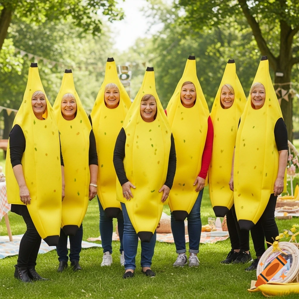 Seven middle-aged women smiling in yellow banana costumes stand outdoors in a sunny park with green grass and trees.