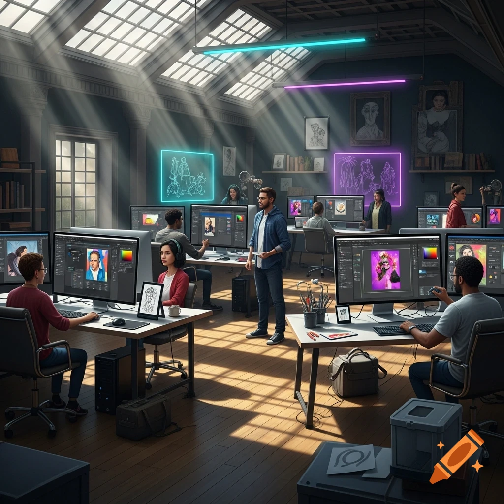 People working on computers in a sunlit attic office with skylights, editing digital art with neon outlines on screens and walls.