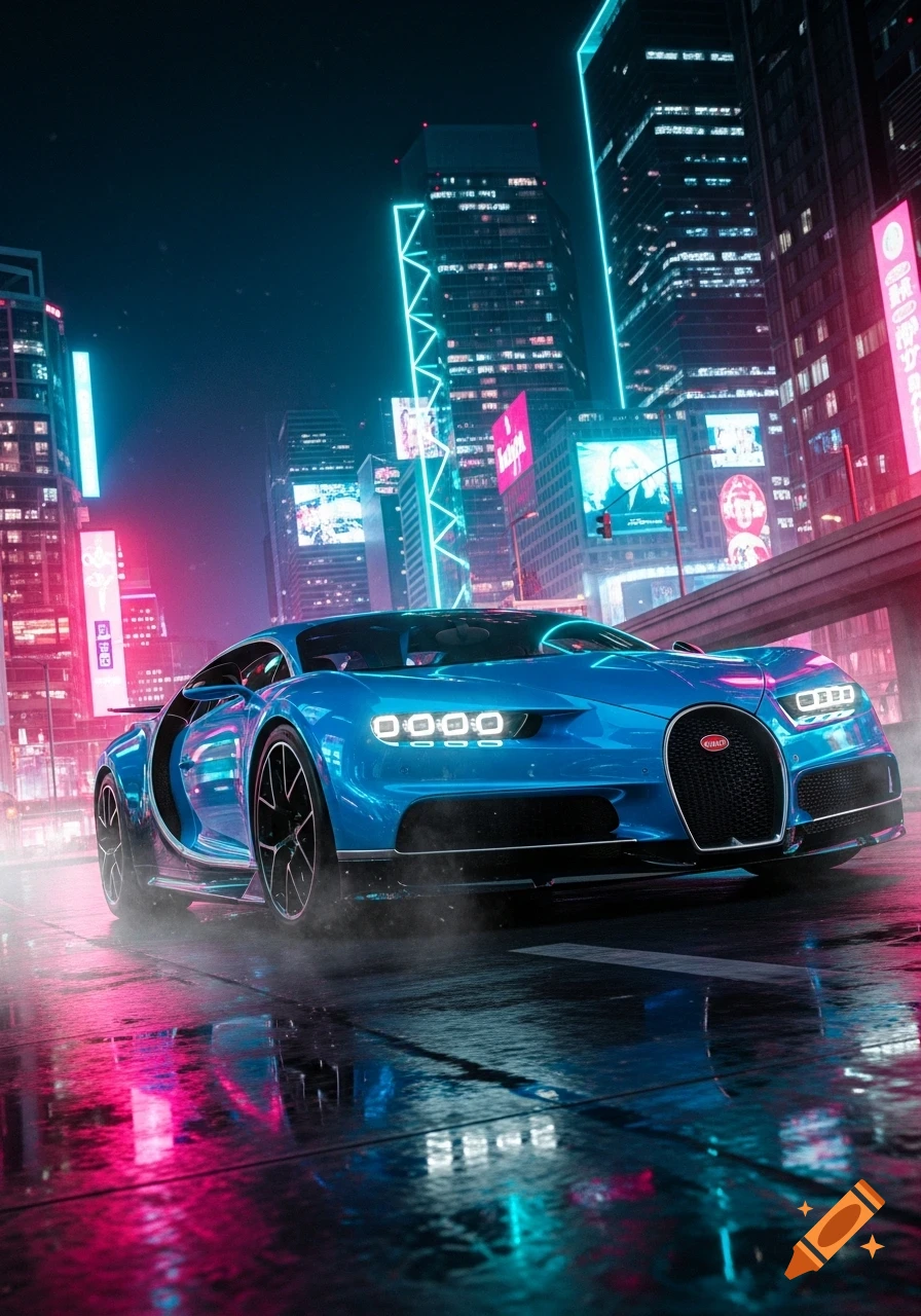 A blue Bugatti Chiron drives on a wet city street at night, reflecting vibrant pink and blue neon lights from skyscrapers and billboards.