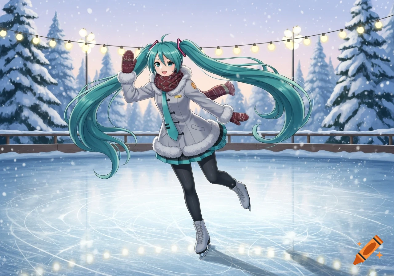 Hatsune Miku ice skating on an outdoor rink surrounded by snow-covered trees and string lights, anime style.