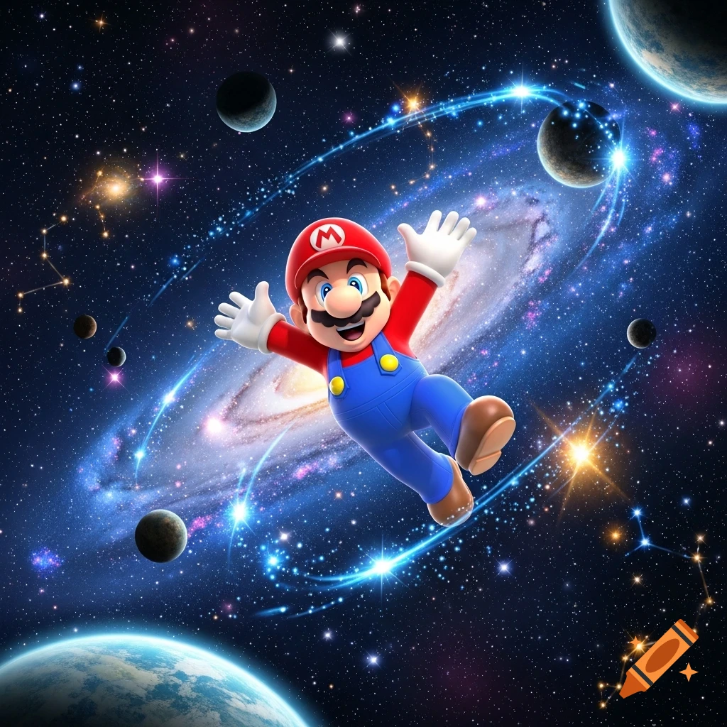 Vibrant digital art of Mario floating happily in deep space with planets, stars, and a colorful galaxy swirling behind him.