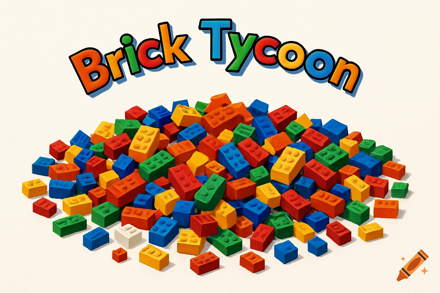 An illustration of a large pile of colorful building blocks in primary colors with the title 'Brick Tycoon' arching above them.