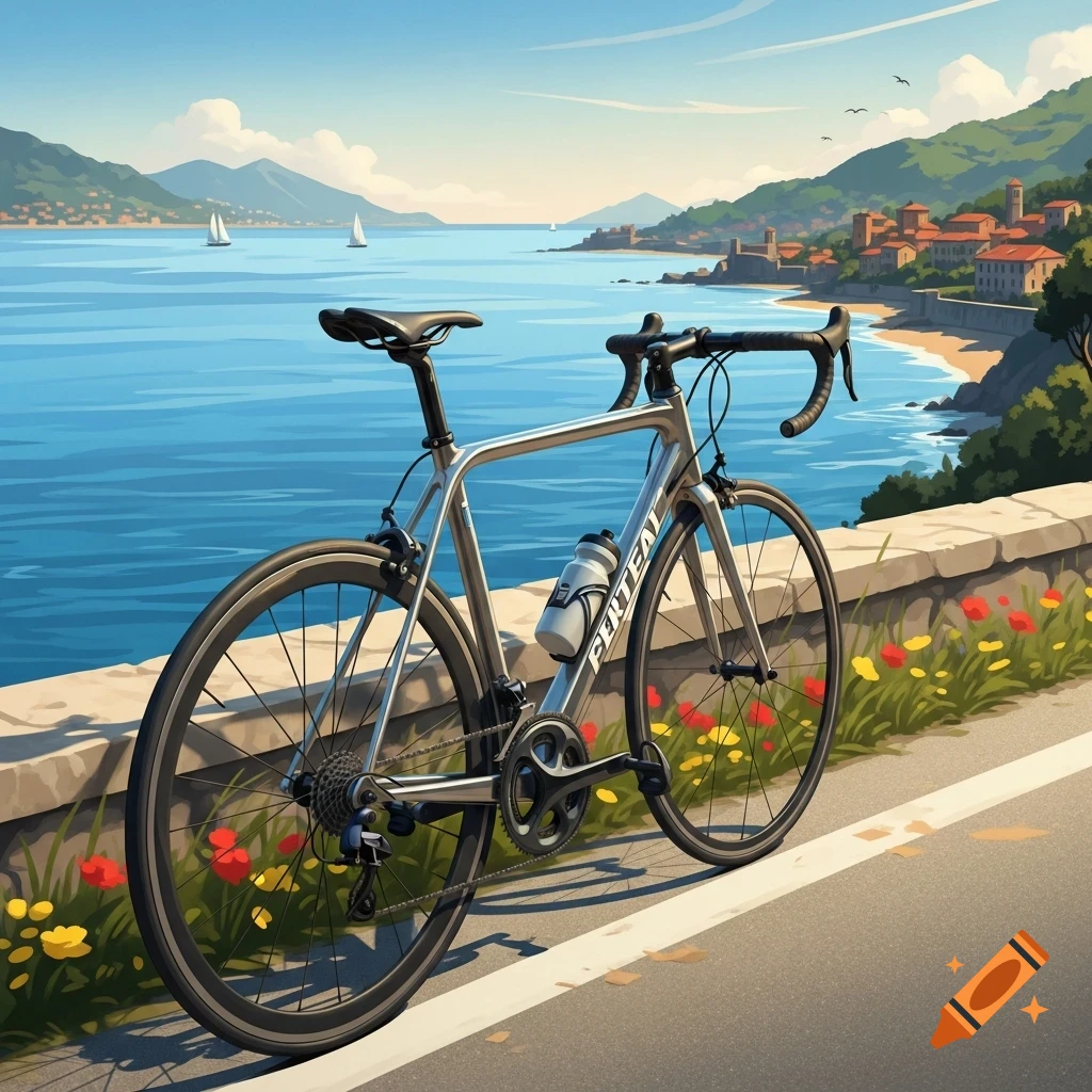 A silver road bike leans against a stone wall beside a blue sea with a distant coastline, mountains, and sailboats under a clear sky, in an illustration style.