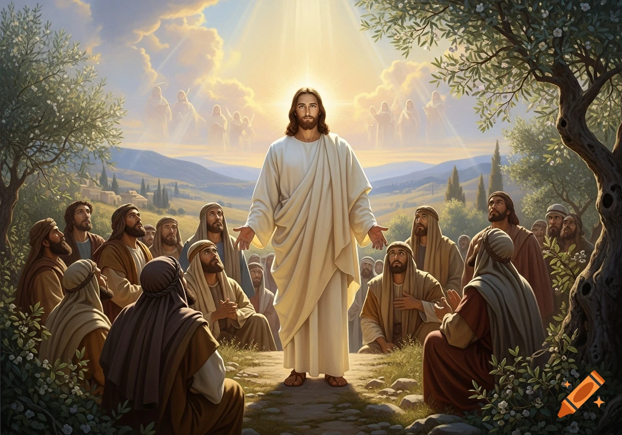 A vibrant painting depicts Jesus Christ with outstretched hands, surrounded by disciples gazing up at him under a radiant, cloud-filled sky.