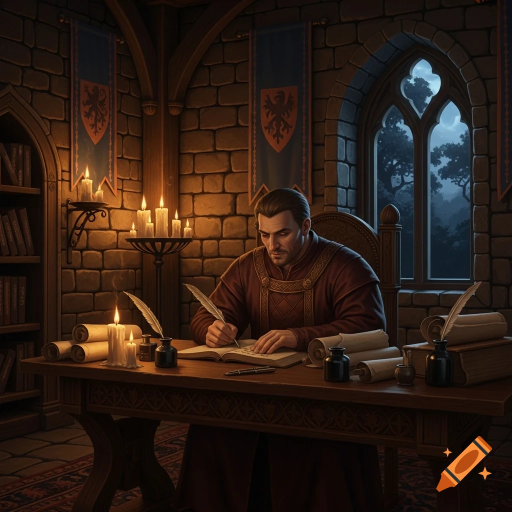 A man in medieval attire writes at a candlelit desk in a stone room, with scrolls and books.