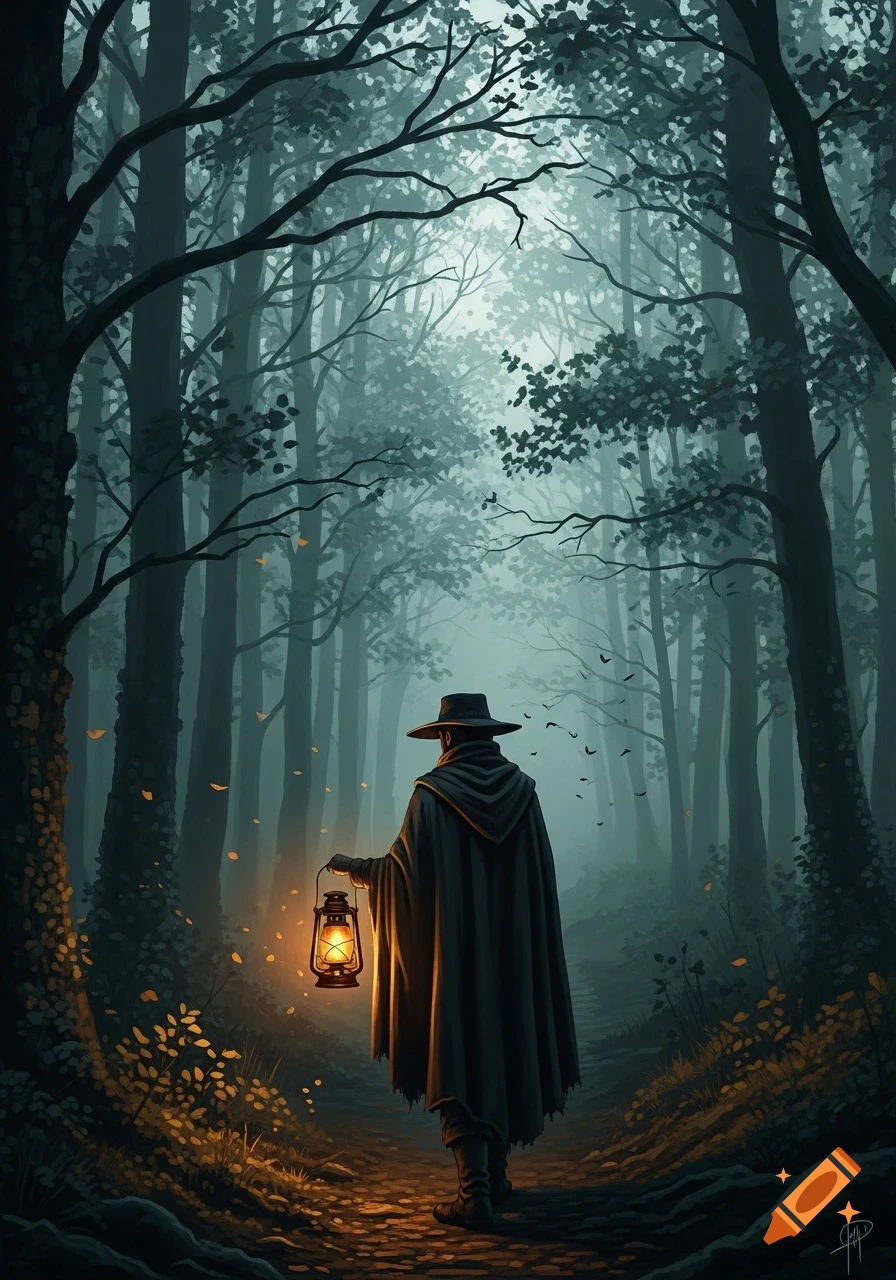 A cloaked figure holding a glowing lantern walks along a path through a dark, misty forest. Stylized illustration.