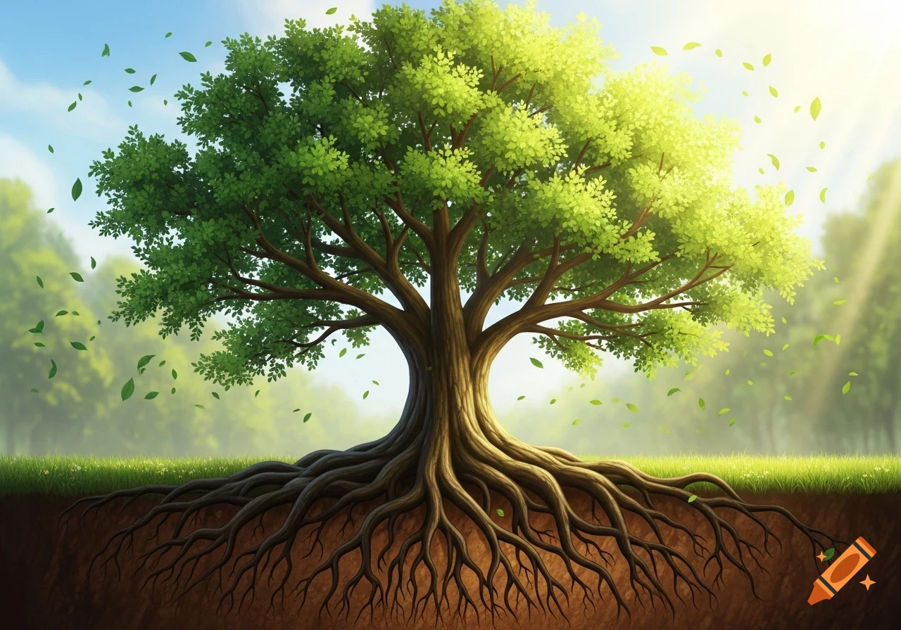 A vibrant green tree with extensive exposed roots reaching into the soil, under a bright, clear sky with falling leaves.