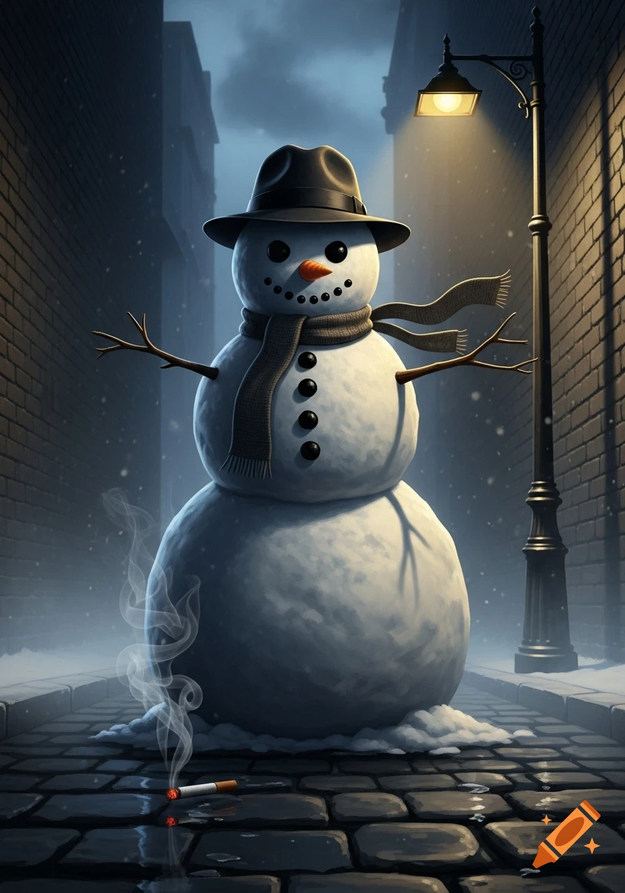 A film noir style snowman in a fedora and scarf stands in a dark, snowy alley under a streetlamp, with a cigarette smoking on the ground.