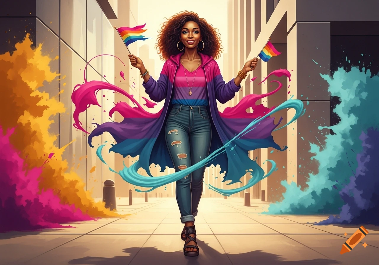 A smiling woman in a bi-colored coat and ripped jeans walks in a cityscape, holding rainbow flags amidst colorful splashes.