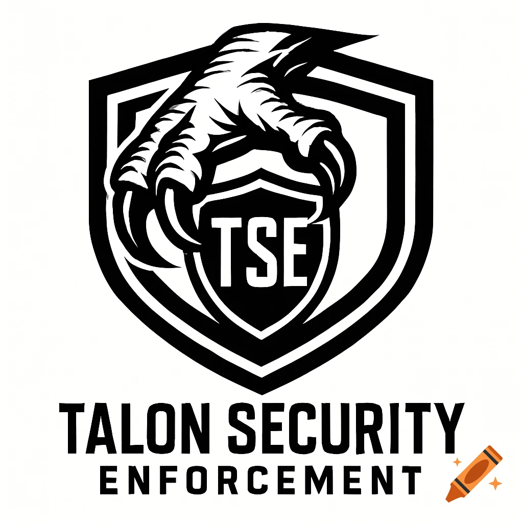 Black and white vector logo featuring a stylized talon gripping a shield with 'TSE' inside, above 'TALON SECURITY ENFORCEMENT'.