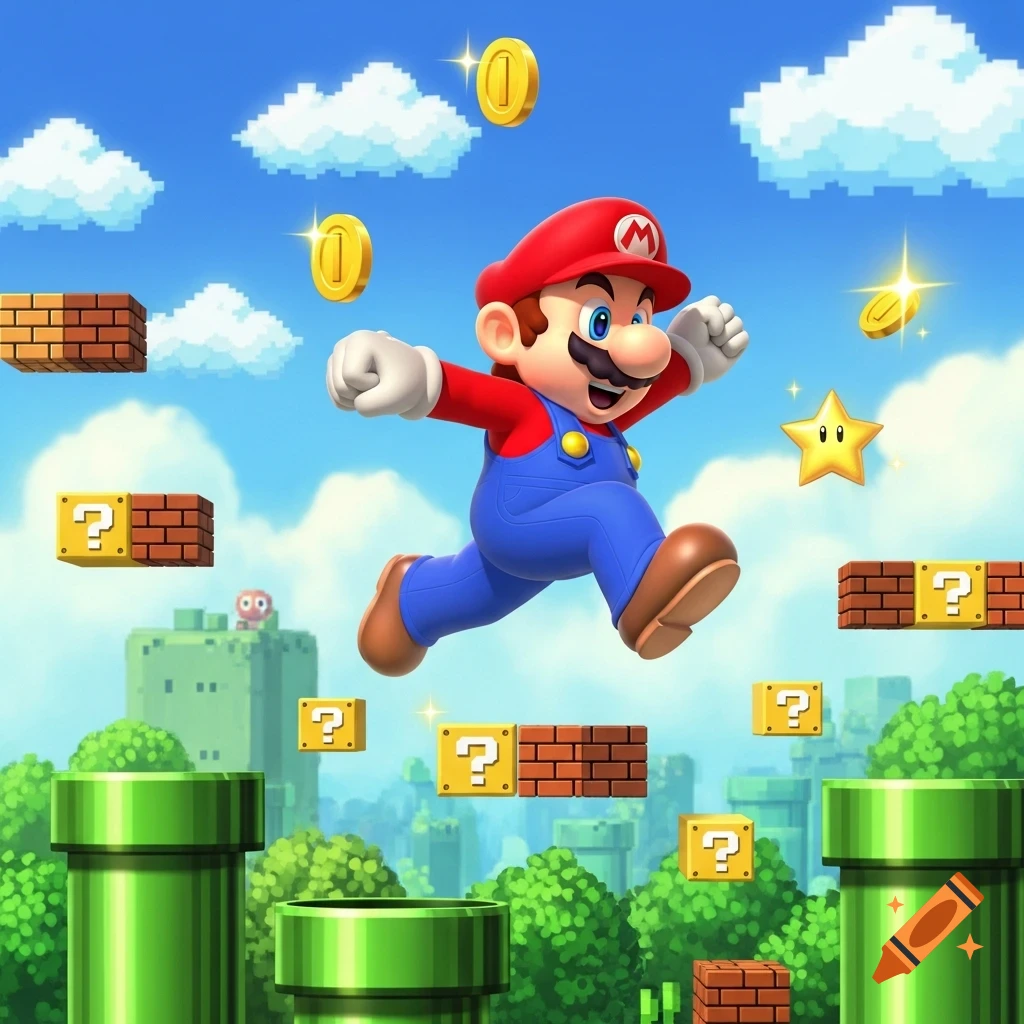Mario jumps among question mark blocks, coins, and a star in a vibrant Super Mario Bros. video game landscape.