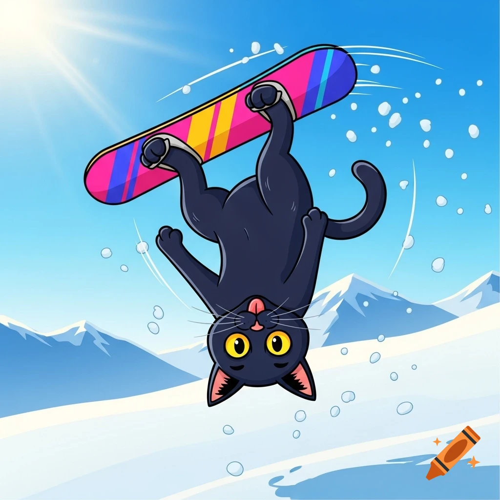 Cartoon black cat doing a backflip on a colorful snowboard in a snowy mountain landscape under a bright sky.