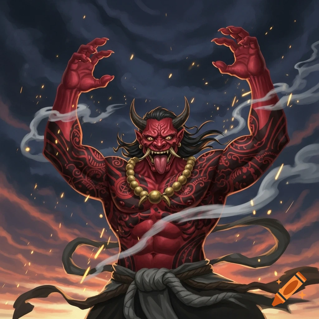 A muscular red Oni demon with horns, fangs, and tribal tattoos, raises its clawed hands against a smoky, fiery sky.