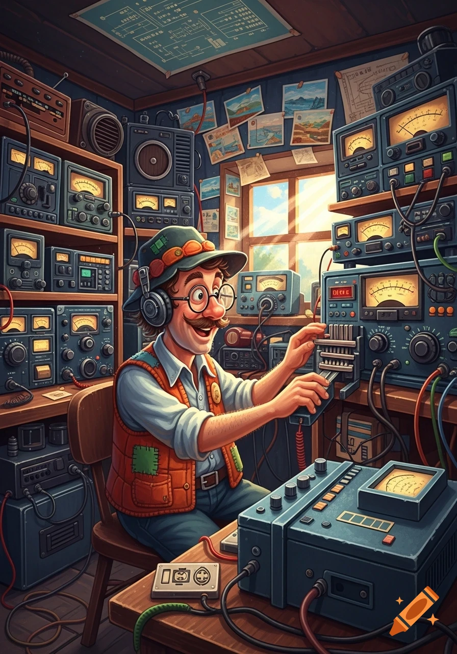 A smiling, cartoon man with a mustache and hat operates a Morse key in his radio shack, surrounded by many colorful, detailed radio devices.