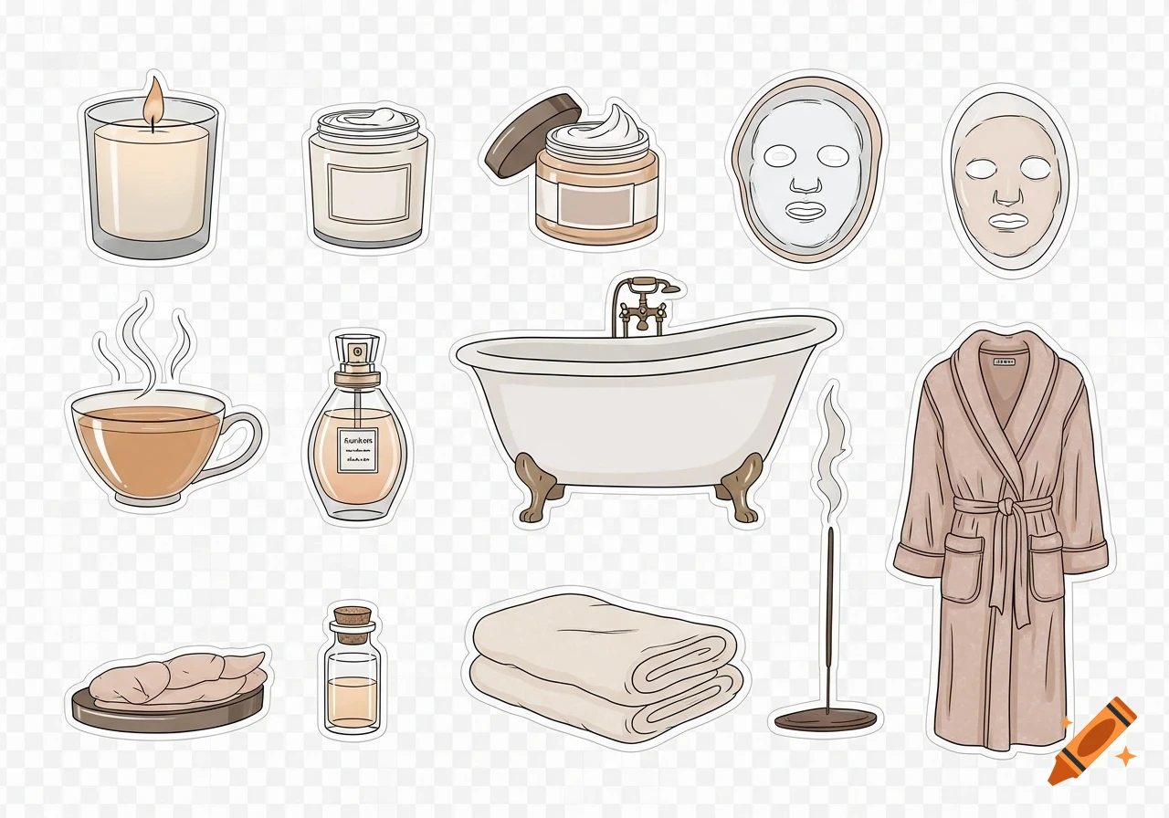 A collection of hand-drawn self-care planner stickers including a candle, creams, masks, perfume, tea, bathtub, oil, towel, bathrobe, and incense, on a transparent background.