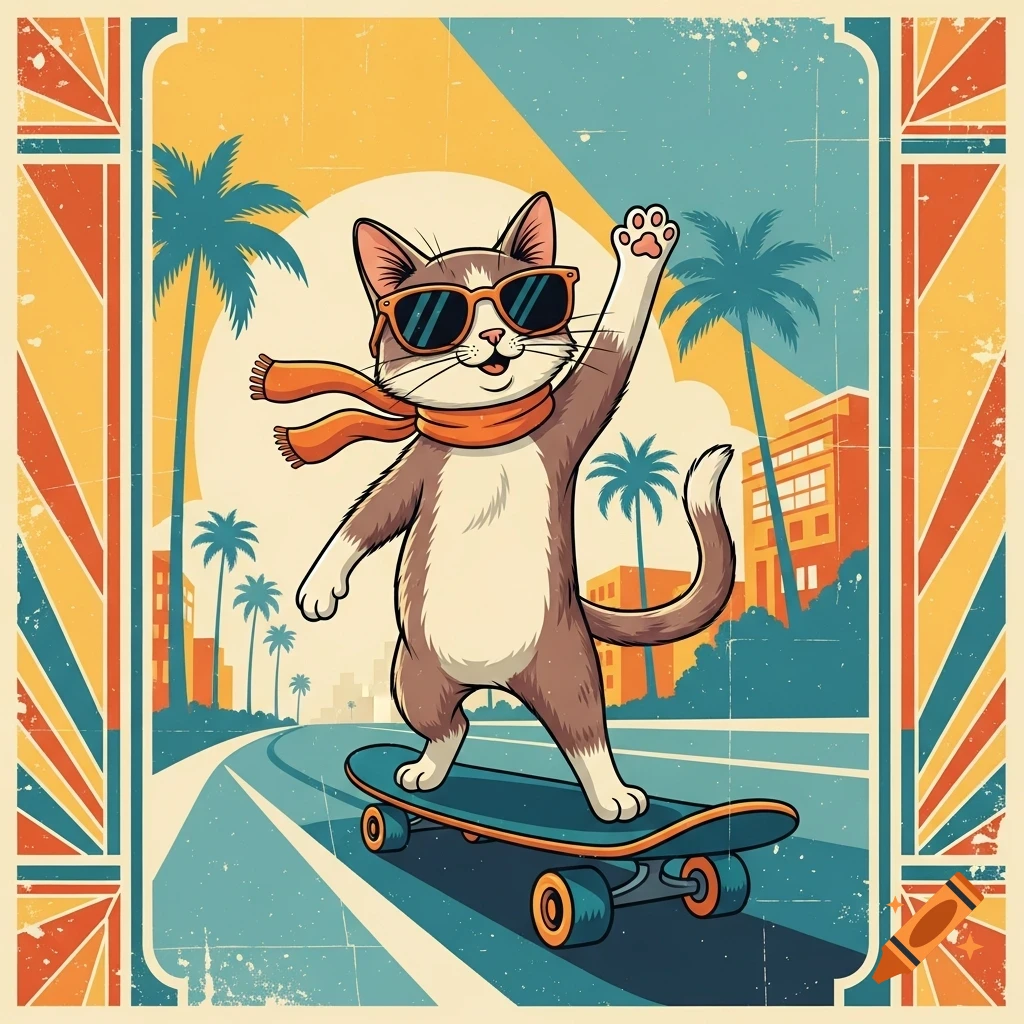 Cartoon cat wearing sunglasses and a scarf, waving while skateboarding down a palm-tree-lined street in a vintage poster style.