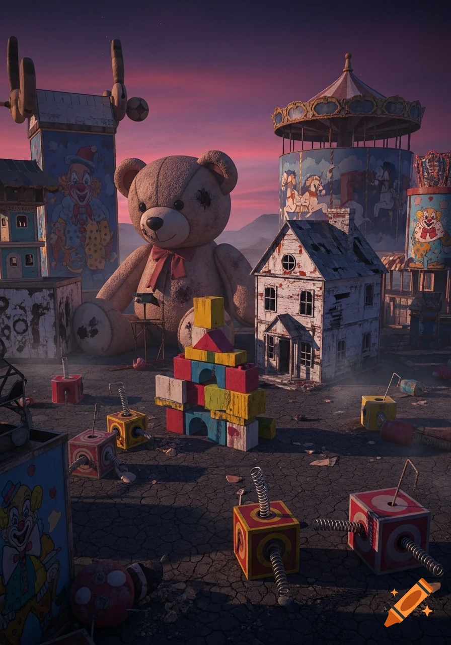 A large abandoned teddy bear, a dilapidated dollhouse, and colorful building blocks on cracked ground under a purple and pink sunset.