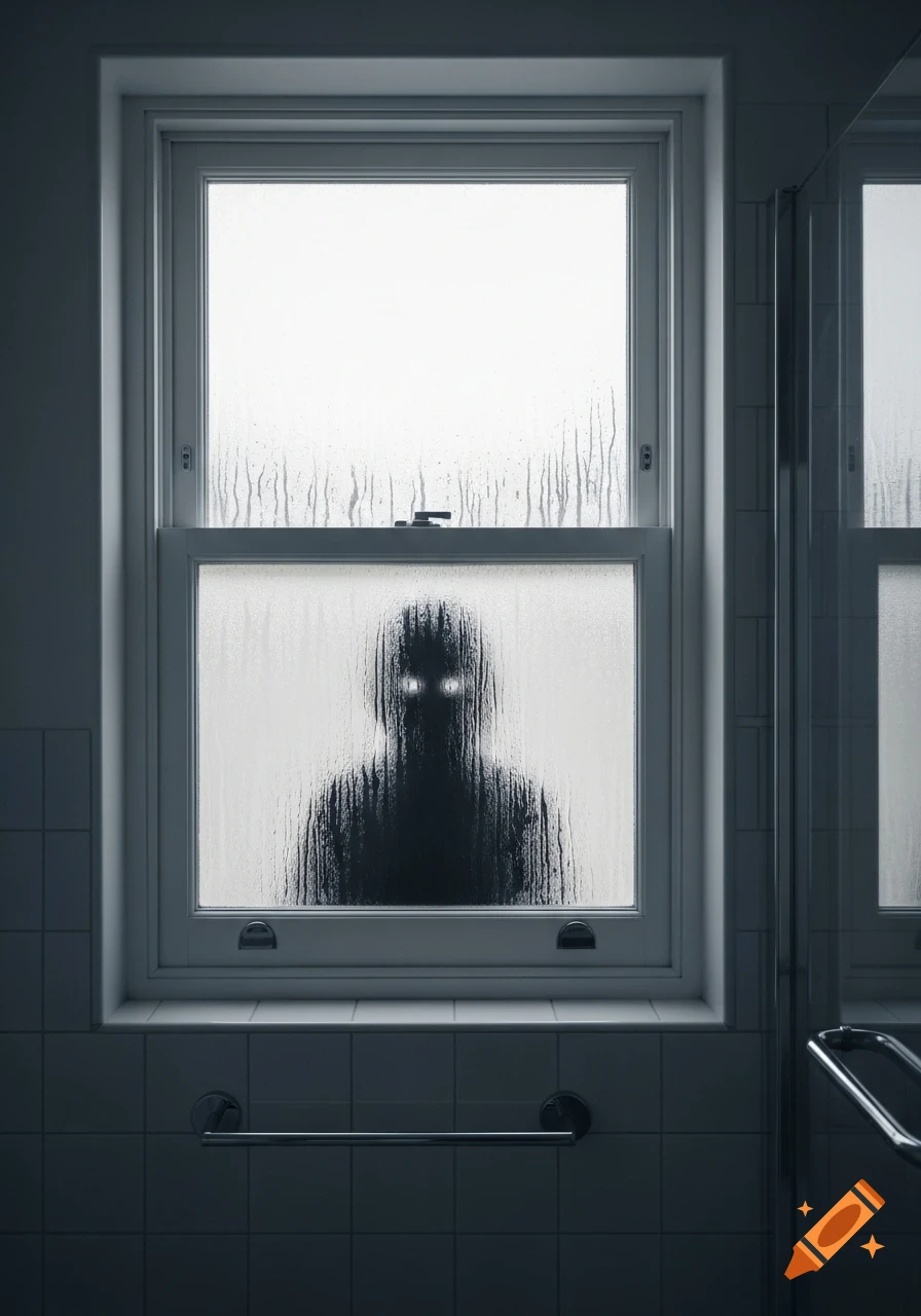 A dark, shadowy figure with glowing eyes stares through a wet, frosted bathroom window, creating a creepy, horror atmosphere.