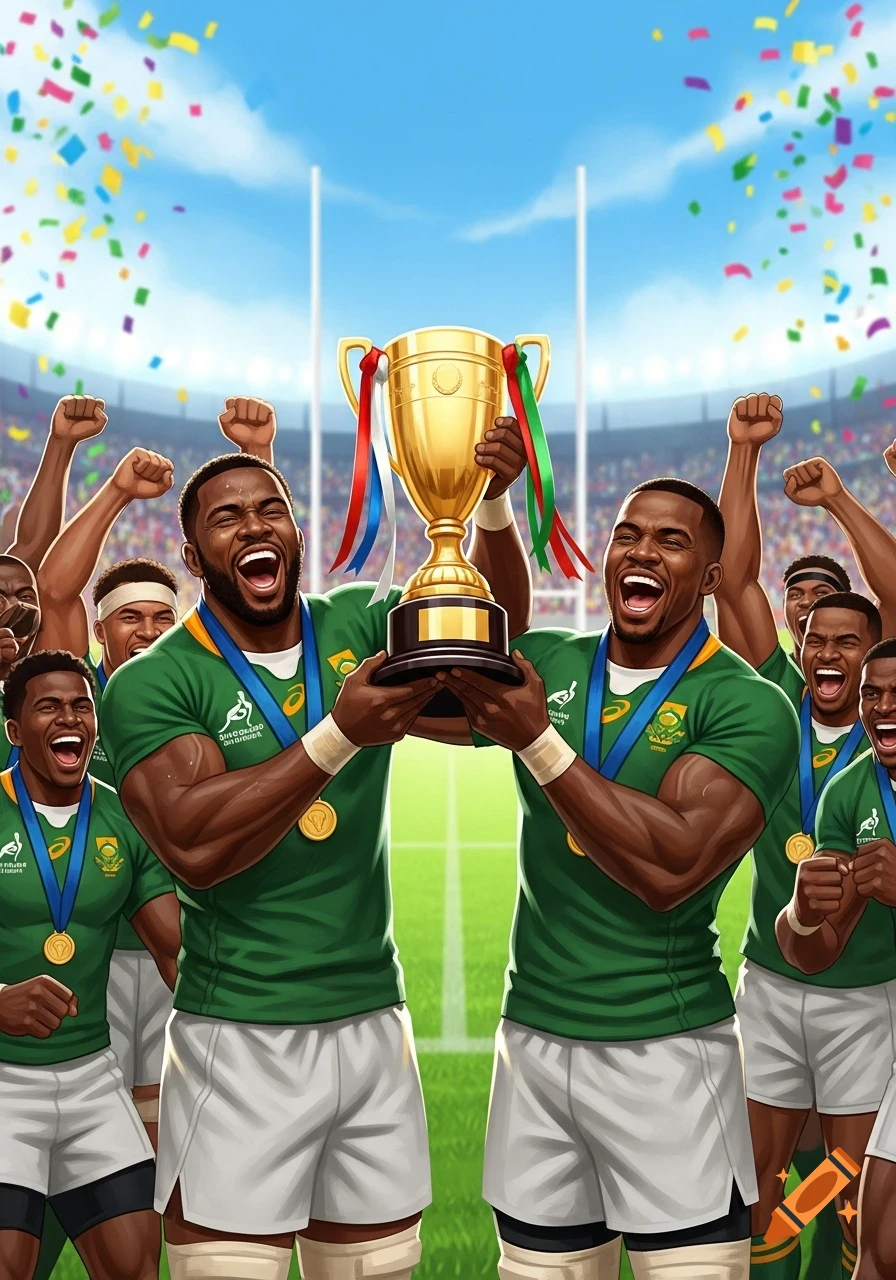 Two African rugby players in green jerseys and white shorts celebrate a victory, holding a gold trophy on a stadium field with confetti.