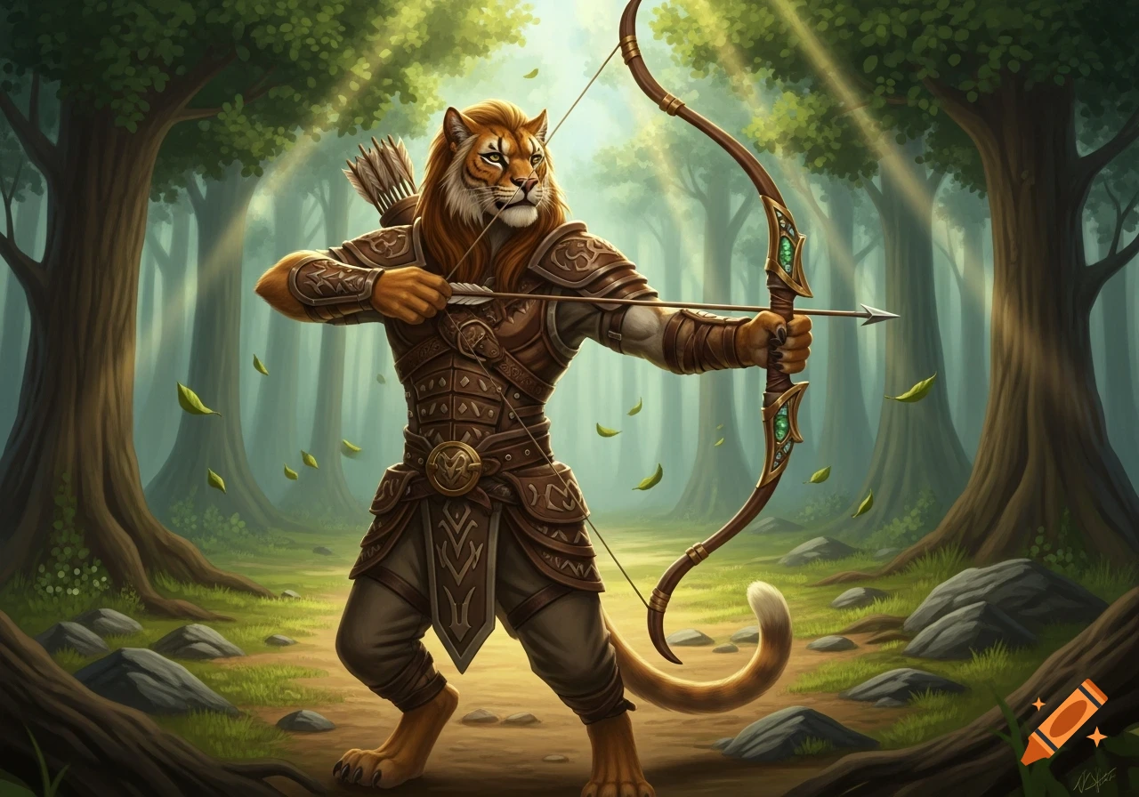A majestic anthropomorphic lion archer in brown armor holds a bow and arrow, standing in a sunlit forest.