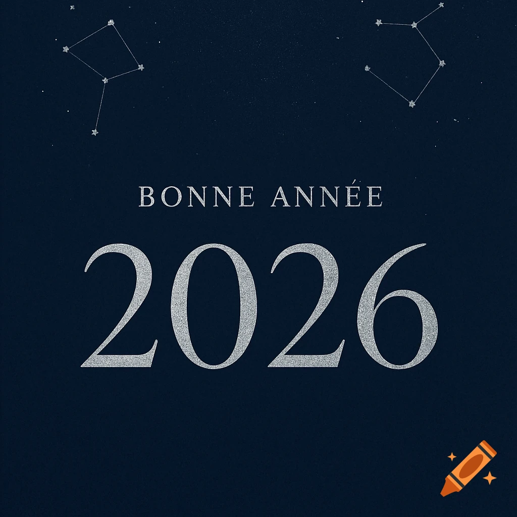 A dark blue new year's greeting card with 'BONNE ANNÉE 2026' in silver glitter text and subtle constellations.