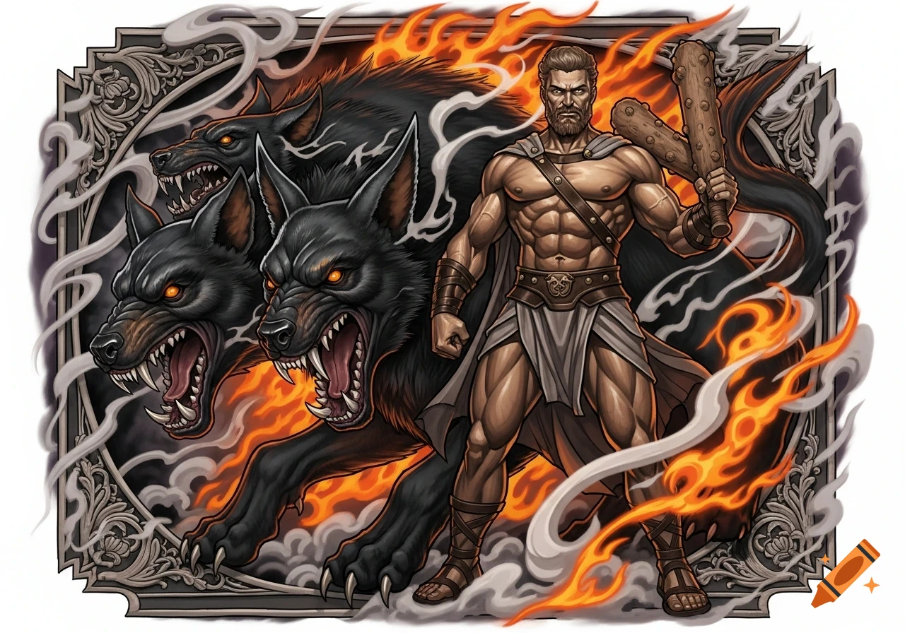 Muscular Hercules, holding a spiked club, stands with a fierce three-headed black Cerberus, engulfed in flames and smoke in a stylized art style.