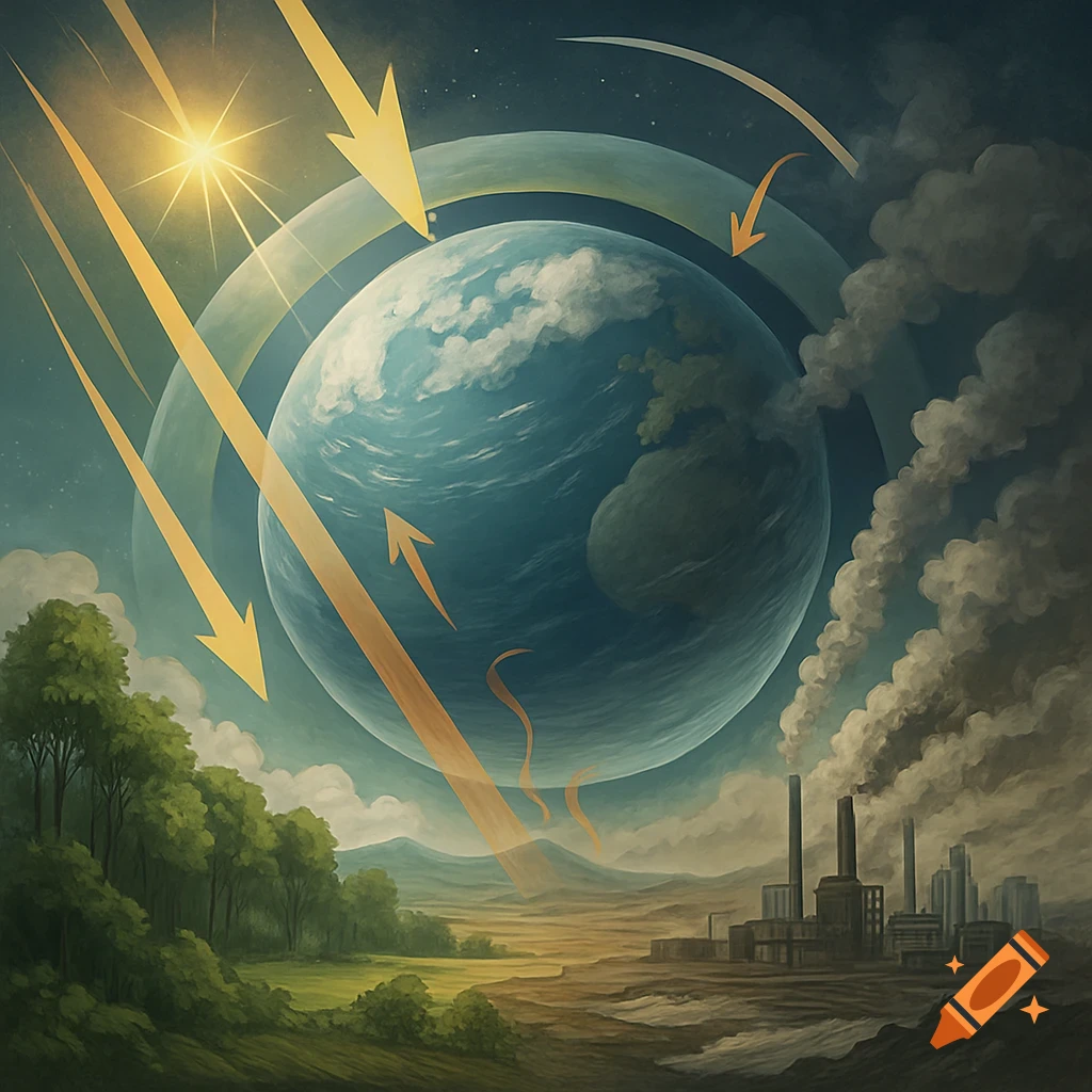 Stylized illustration showing the Earth, sun's rays, lush trees, and an industrial factory with smoke, illustrating the greenhouse effect.