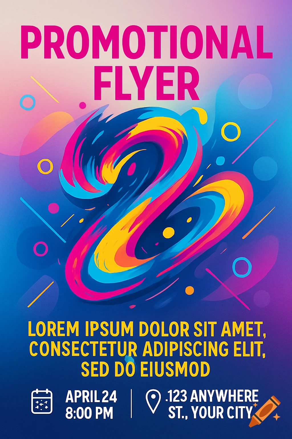 A vibrant, abstract promotional flyer with colorful swirling shapes and event information.