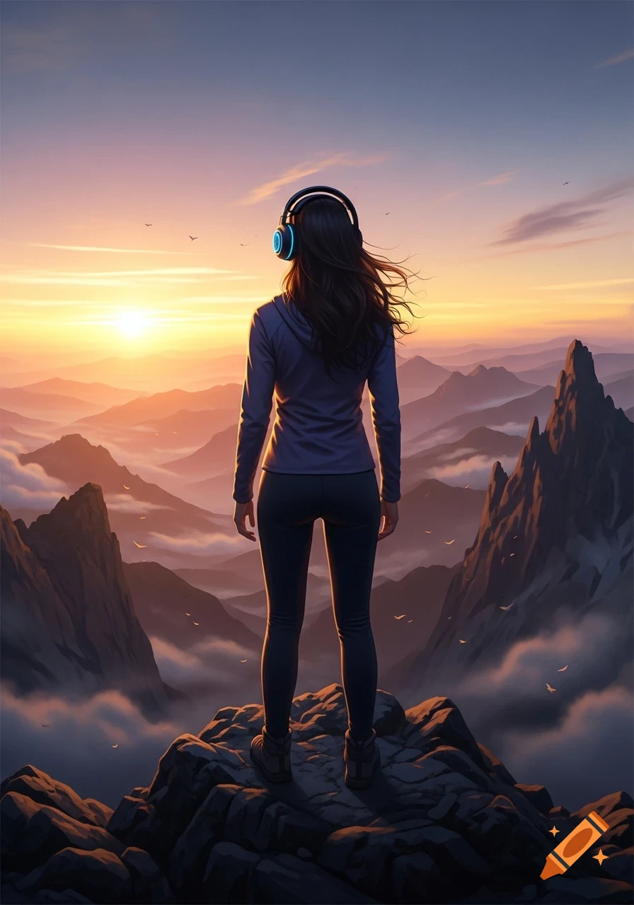 A woman with headphones stands on a rocky mountain peak, looking at a golden sunset over a vast, hazy mountain range.