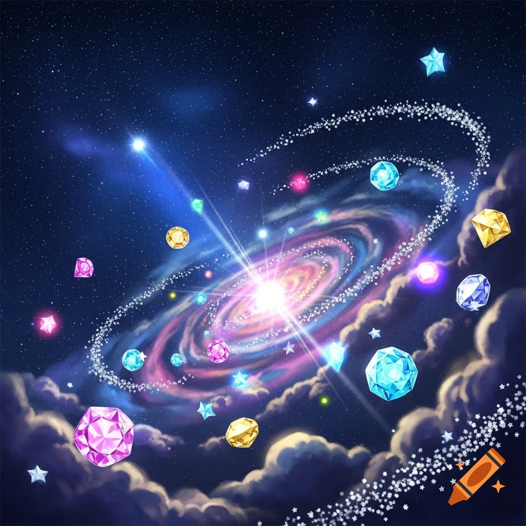 A vibrant, stylized nebula with a swirling galaxy at its center, surrounded by colorful, sparkling gems and stars amidst dark, cosmic clouds.