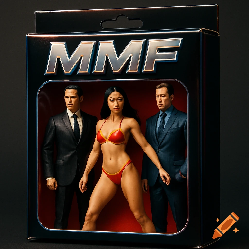 Action figure box with two men in suits and a woman in a red bikini, labeled 'MMF'. This is an action figure box featuring two male figures in business suits flanking a female figure wearing a red bikini. The text "MMF" is prominently displayed on the top of the black packaging.