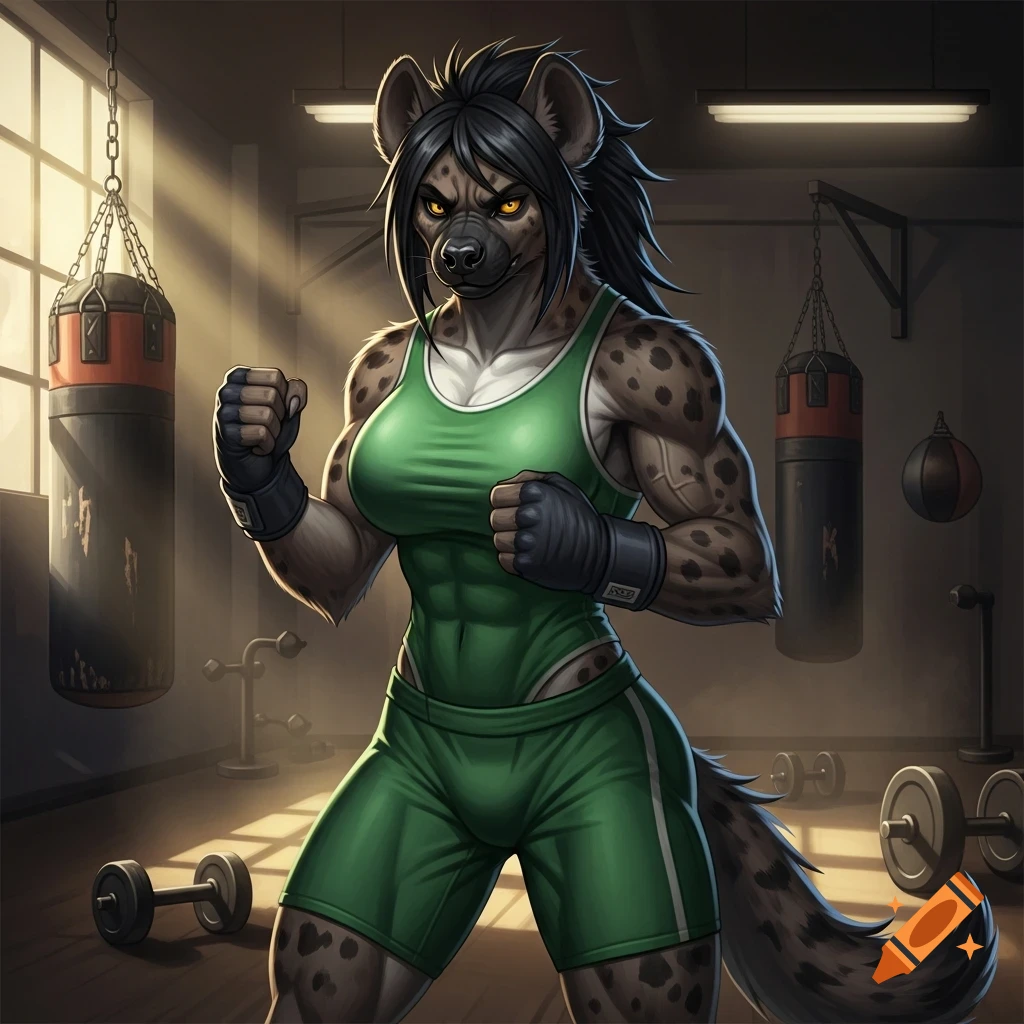 A muscular anthropomorphic spotted hyena boxer with black hair and yellow eyes, wearing emerald green gym clothes and boxing gloves, poses in a sunlit gym with punching bags.