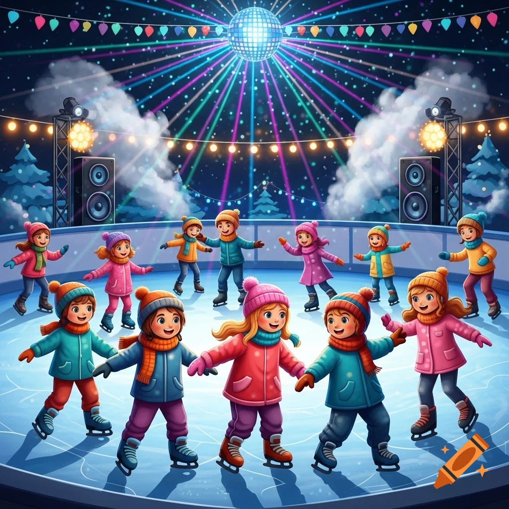 Cartoon children ice skate at a vibrant outdoor disco party under colorful lights and a disco ball.