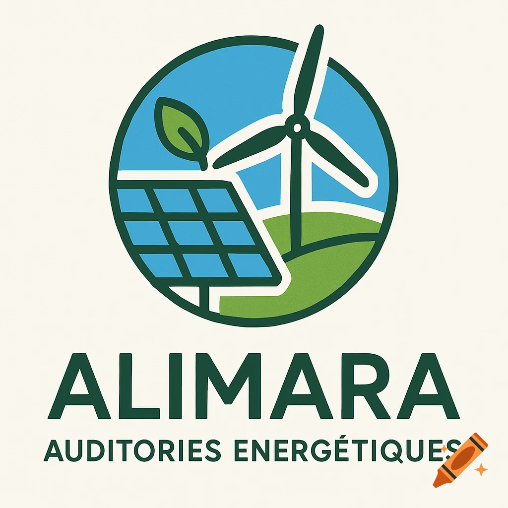 A green and blue logo with a solar panel, leaf, and wind turbine inside a circle, with 'ALIMARA AUDITORIES ENERGÉTIQUES' text below.