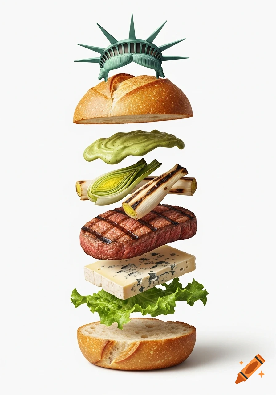 A deconstructed burger with a Statue of Liberty crown on top bun, floating with grilled steak, blue cheese, lettuce, leeks, and green sauce on white background.