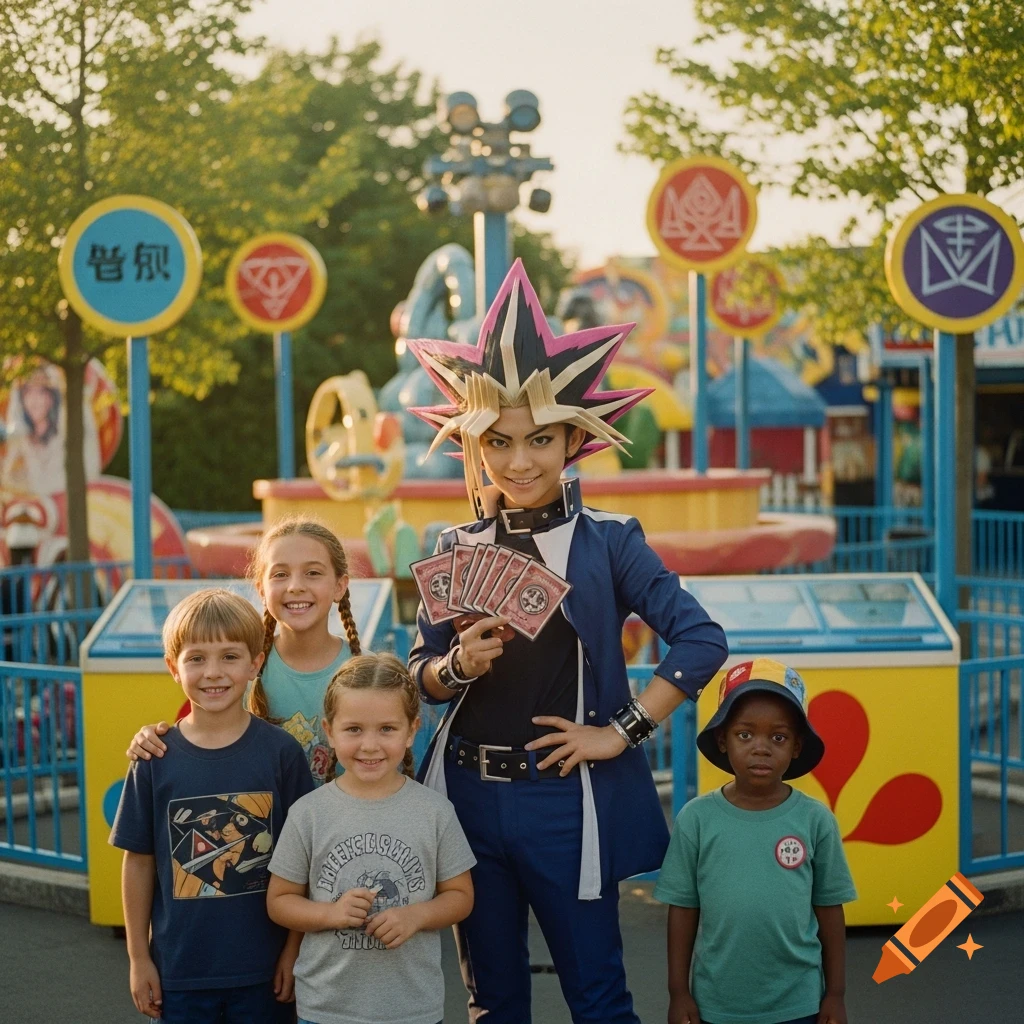 A person dressed as Yugi Muto from Yu-Gi-Oh! poses with four children at a vintage-style theme park.