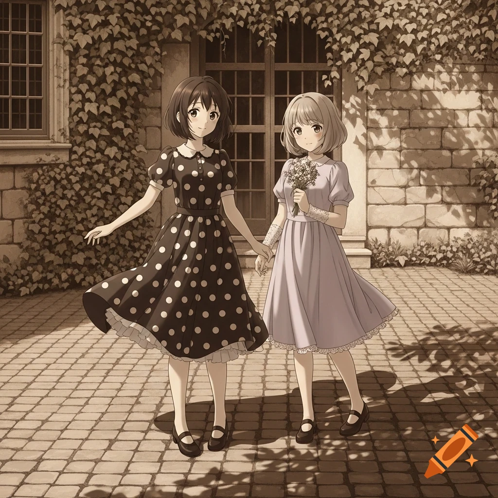 Two anime girls in sepia tone, one in a polka dot dress and one in a purple dress with a bouquet, holding hands in a courtyard.