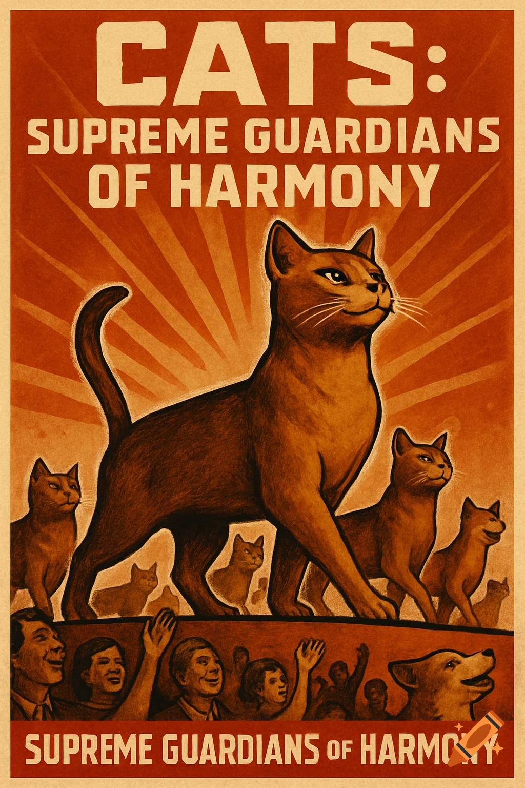 Vintage propaganda poster featuring a prominent cat leading smaller cats above cheering humans and a dog, with text 'CATS: SUPREME GUARDIANS OF HARMONY'.
