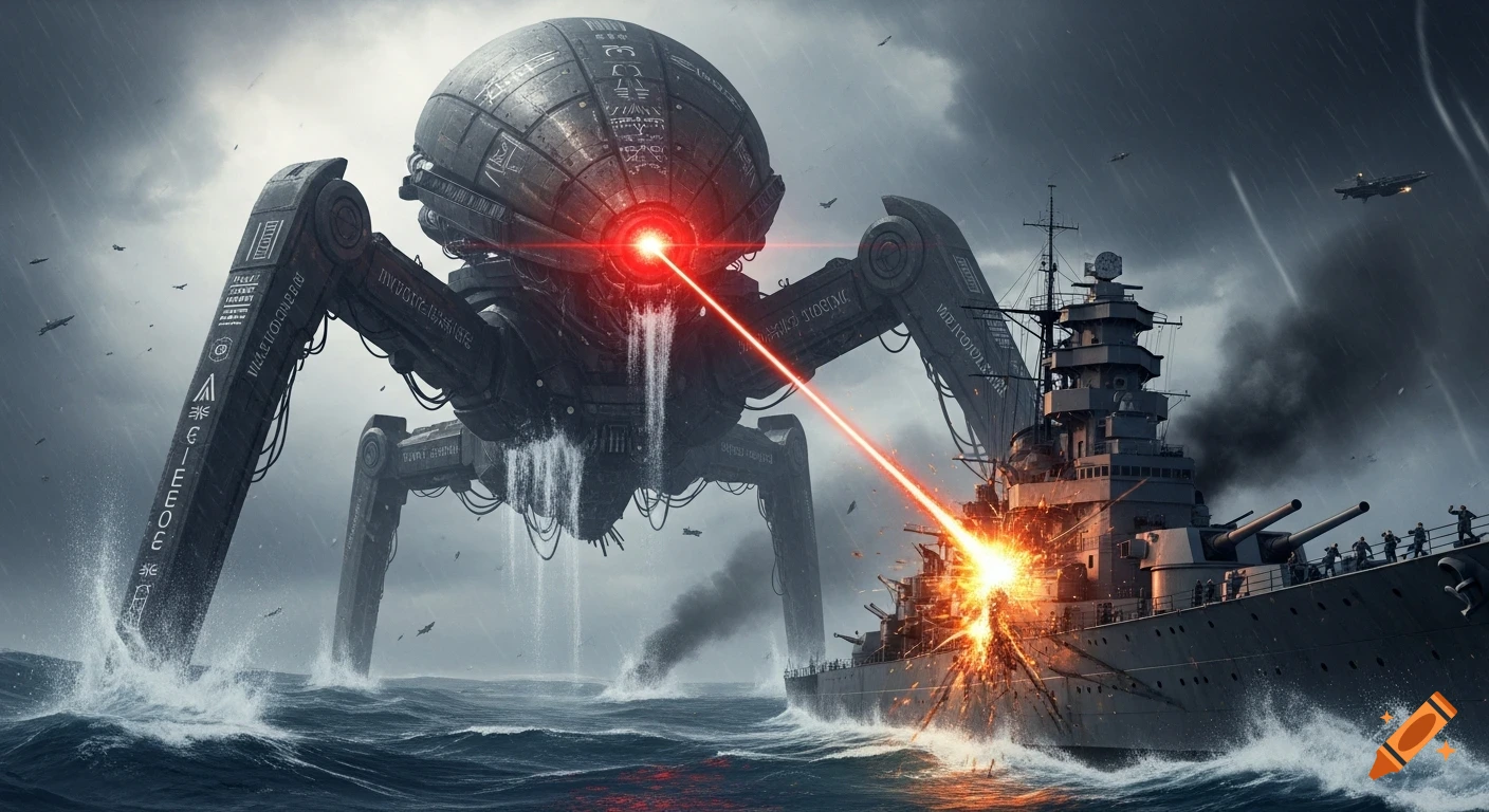 A colossal Martian tripod emerges from stormy seas, firing a laser at a WWII battleship exploding in cinematic sci-fi concept art.