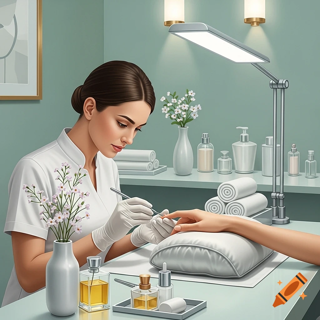 A nail technician, wearing white gloves, carefully files a client's fingernails on a salon table with beauty products.