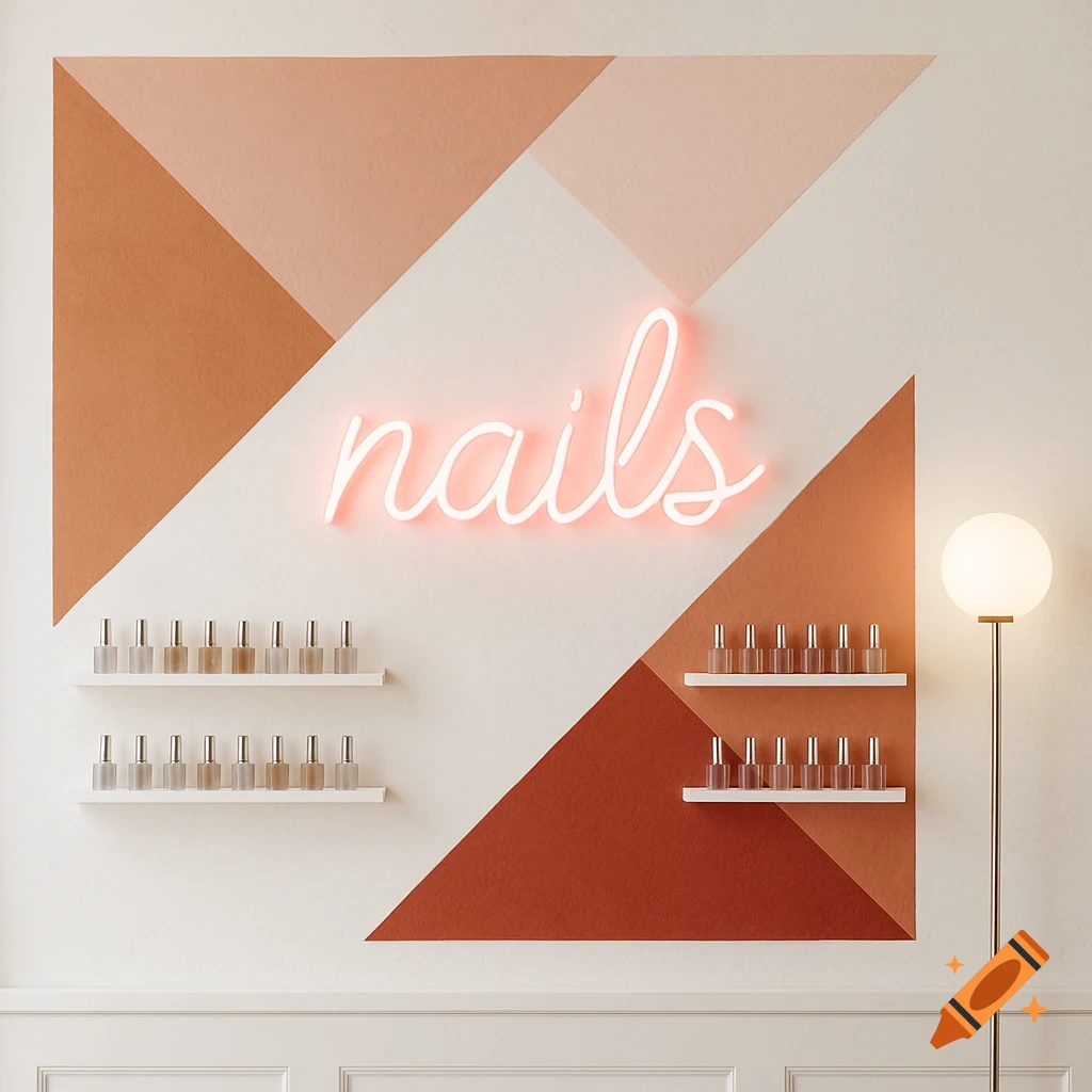 A modern nail salon wall with geometric designs in terracotta, pink, and red, featuring a neon 'nails' sign, shelves of polish, and a floor lamp.