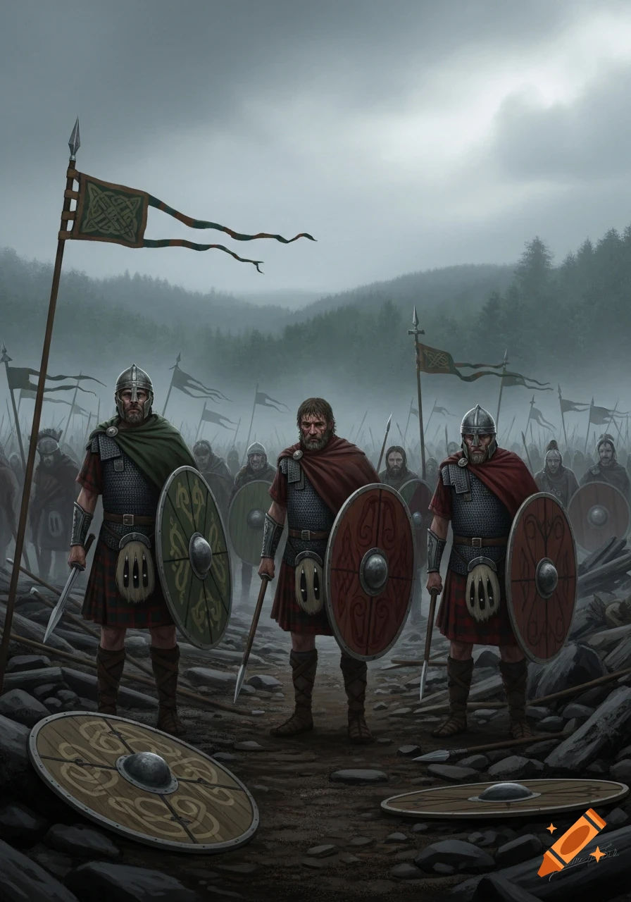 Three somber Celtic warriors in chainmail, kilts, and helms stand with shields and spears on a muddy, misty battlefield with their army.