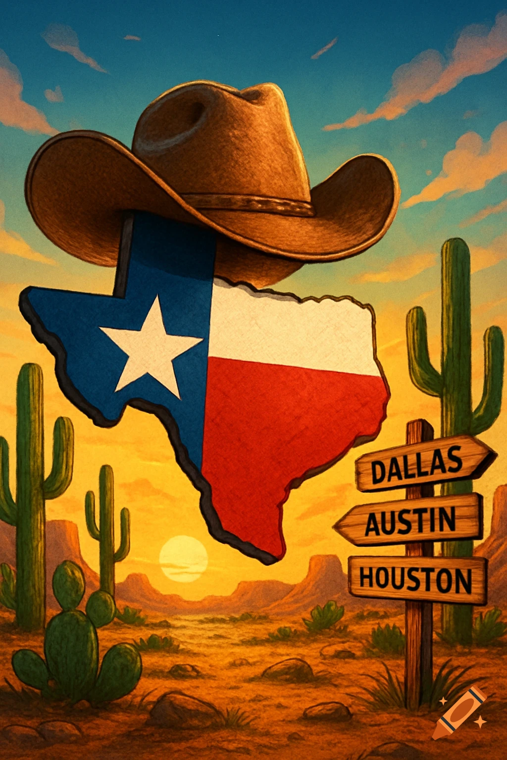 Stylized Texas map with a cowboy hat, desert landscape with cacti and sunset, and a sign pointing to Dallas, Austin, Houston.