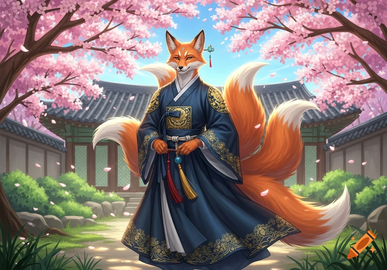 An illustrated kitsune in a blue and gold Korean hanbok stands under pink cherry blossoms with traditional Korean buildings.