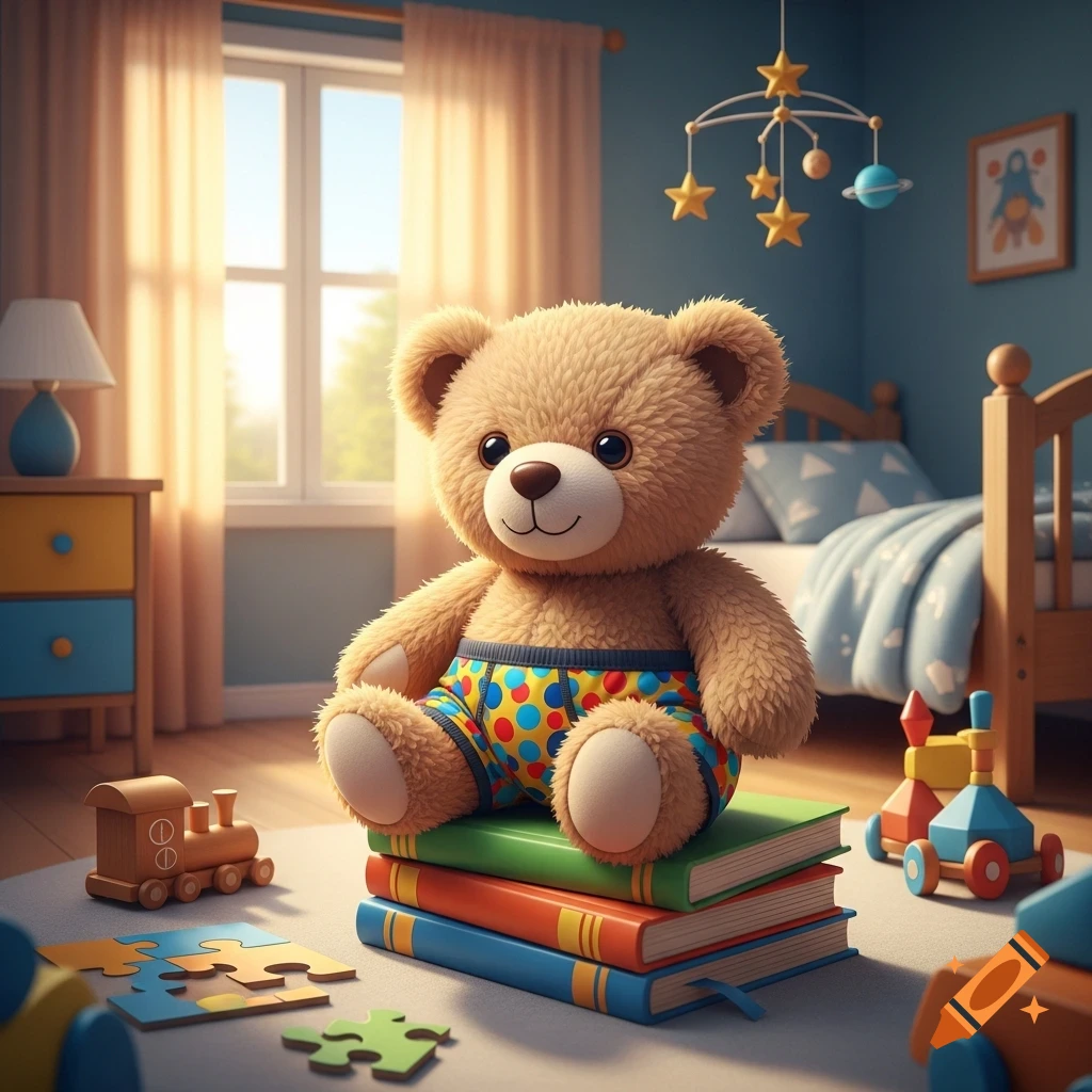 A fluffy brown teddy bear wearing polka dot boxers sits on a stack of colorful books in a bright child's bedroom with toys.