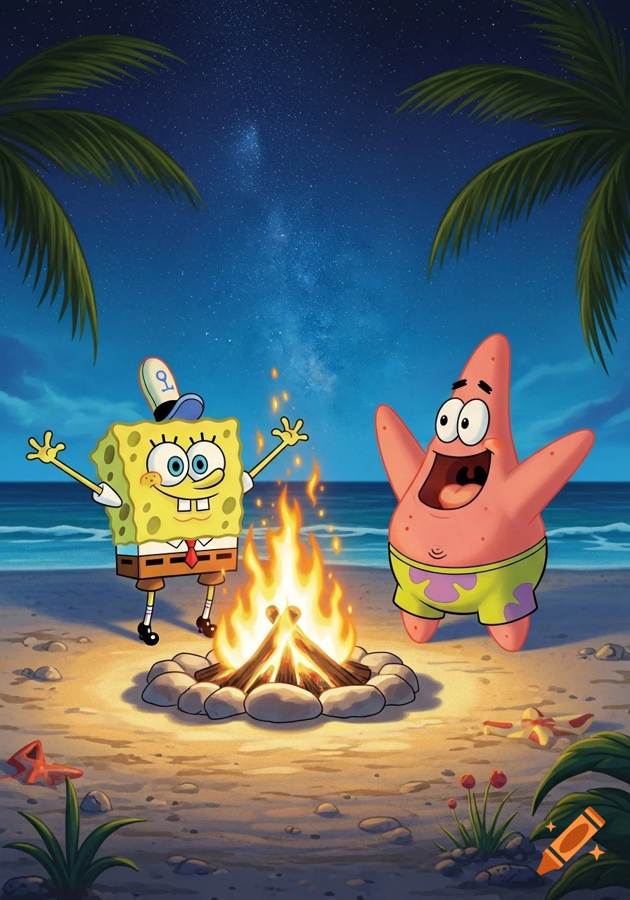 SpongeBob SquarePants and Patrick Star happily stand around a roaring bonfire on a moonlit beach under palm trees.