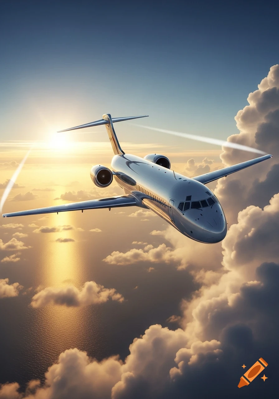 A commercial airplane flies above clouds and the ocean during a golden sunset, with sunrays reflecting on the water.