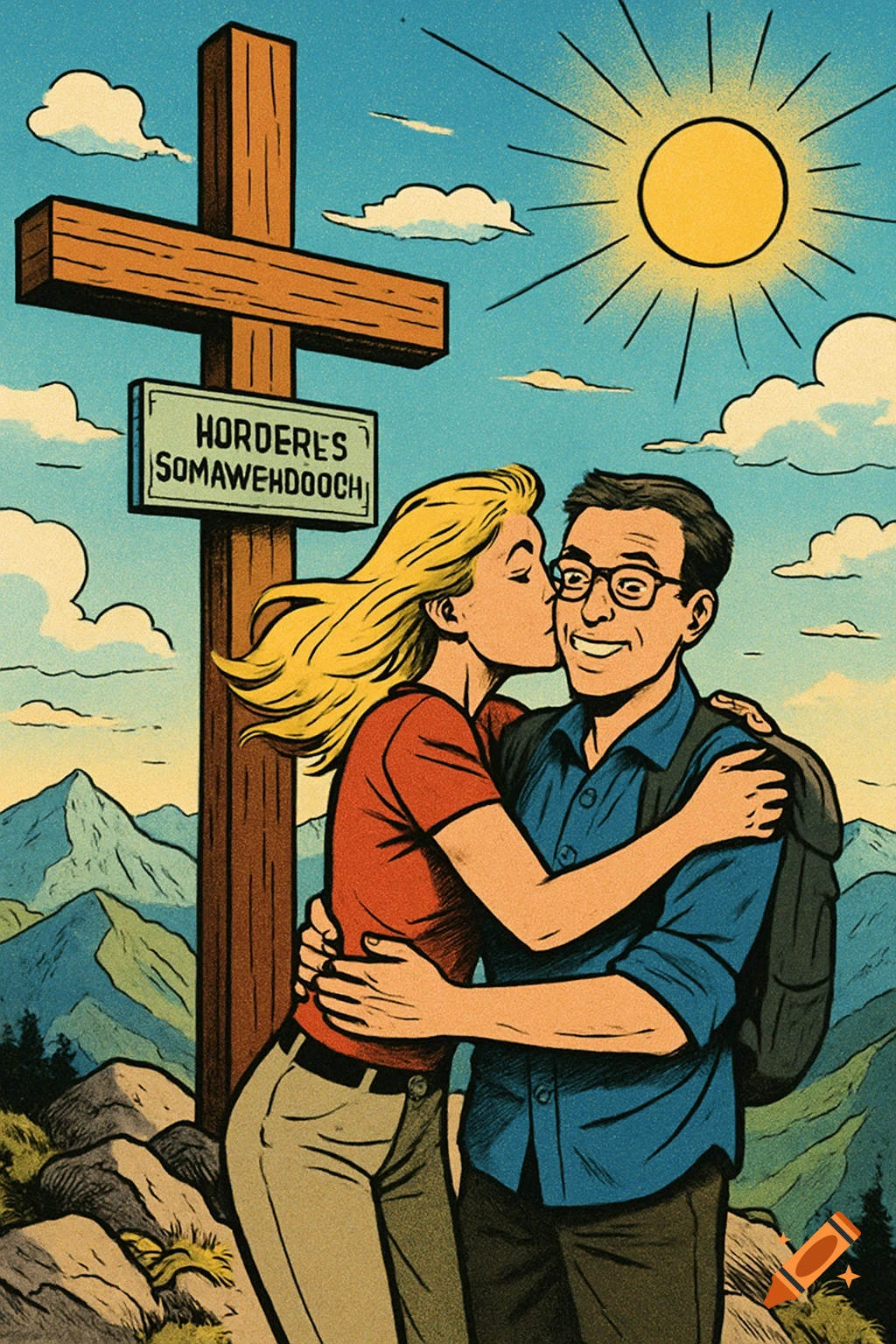 A blonde woman kisses a man wearing glasses on the cheek, embracing him on a mountain peak with a cross under a sunny sky in a comic art style.