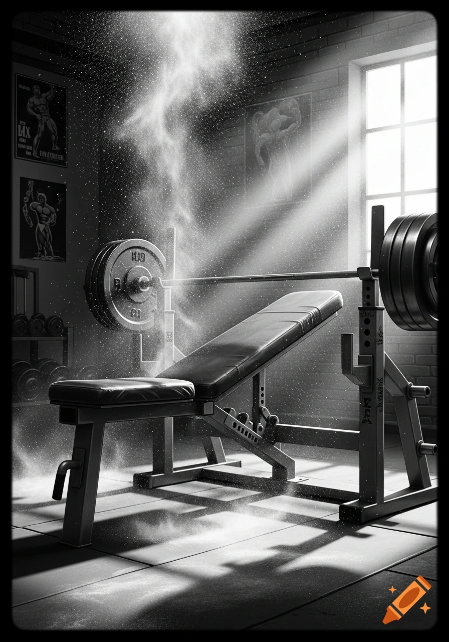 Black and white image of a weight bench and barbell in a gym, with chalk dust particles illuminated by sunlight.