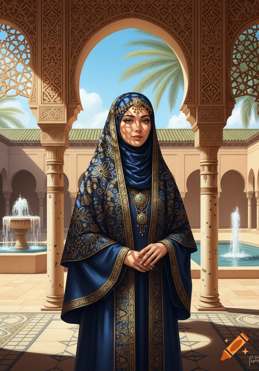 A young woman in a deep blue hijab and ornate gold-patterned robe stands in a beautiful Moorish courtyard with arches and fountains.